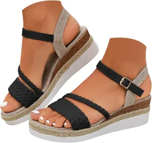 ZSpzx Espadrilles Wedge Sandals for Women Orthopedic Open Toe Slingback Backless Adjustable Ankle Strap Platform Sandal Strappy Arch Support Shoes Ladies Cushion Footbed Low Wedges Heel Shoe