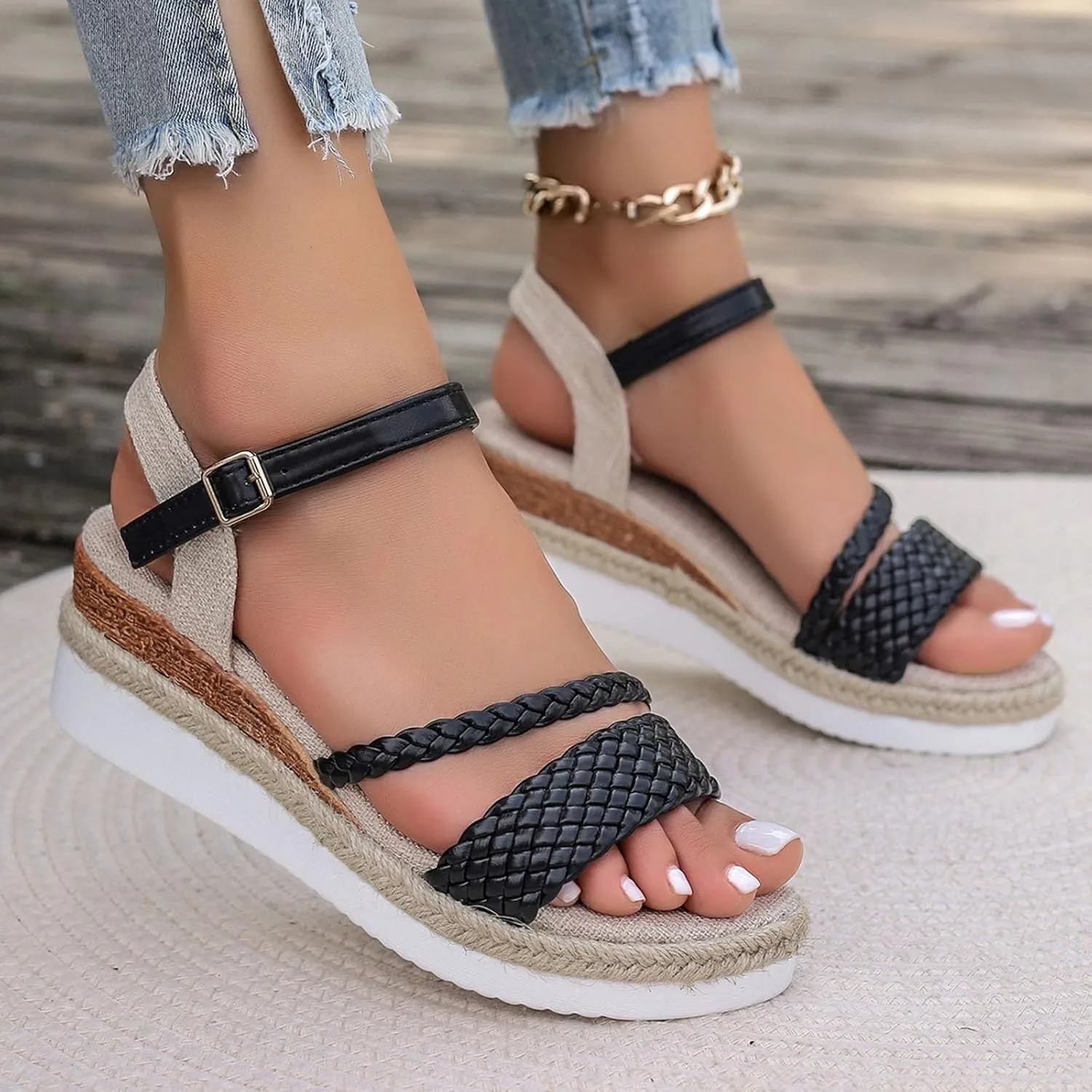 ZSpzx Espadrilles Wedge Sandals for Women Orthopedic Open Toe Slingback Backless Adjustable Ankle Strap Platform Sandal Strappy Arch Support Shoes Ladies Cushion Footbed Low Wedges Heel Shoe