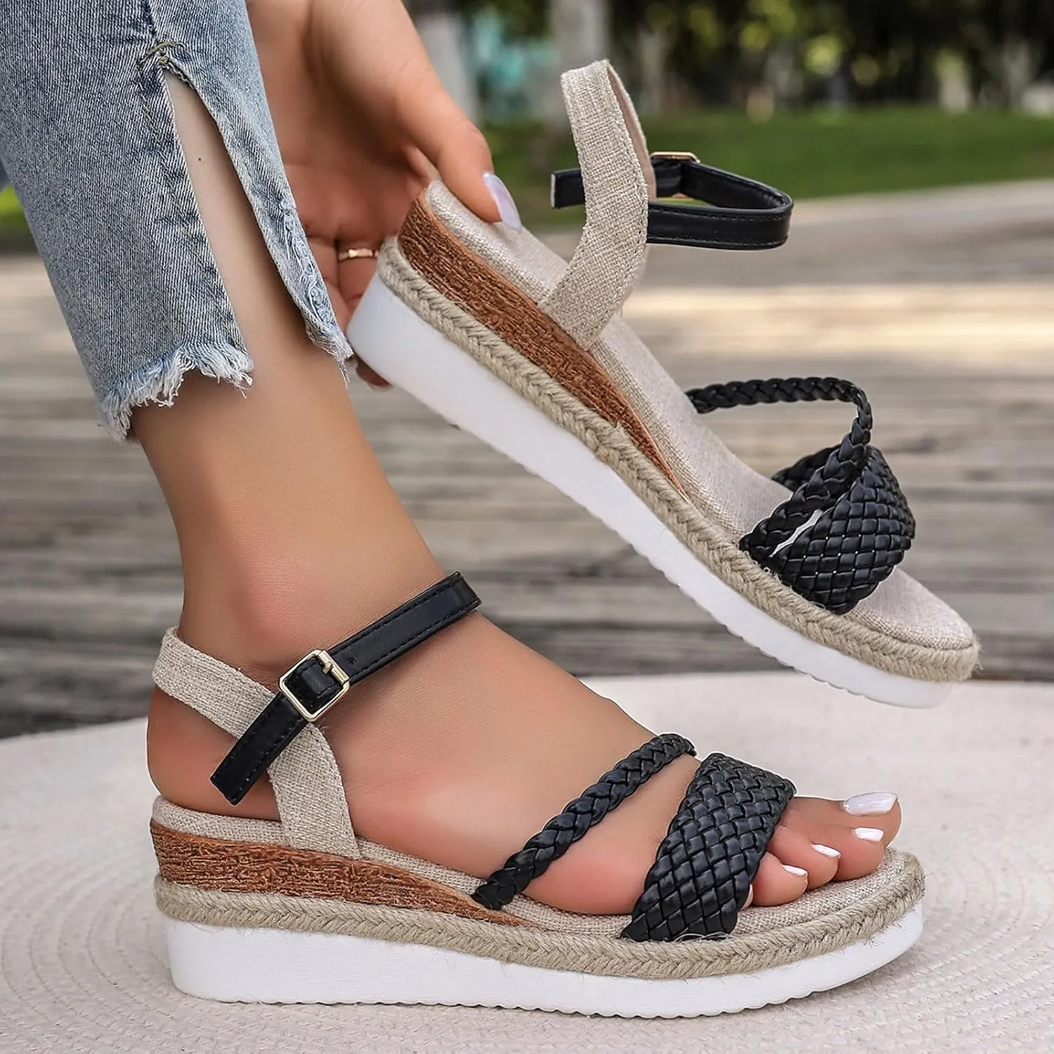 ZSpzx Espadrilles Wedge Sandals for Women Orthopedic Open Toe Slingback Backless Adjustable Ankle Strap Platform Sandal Strappy Arch Support Shoes Ladies Cushion Footbed Low Wedges Heel Shoe