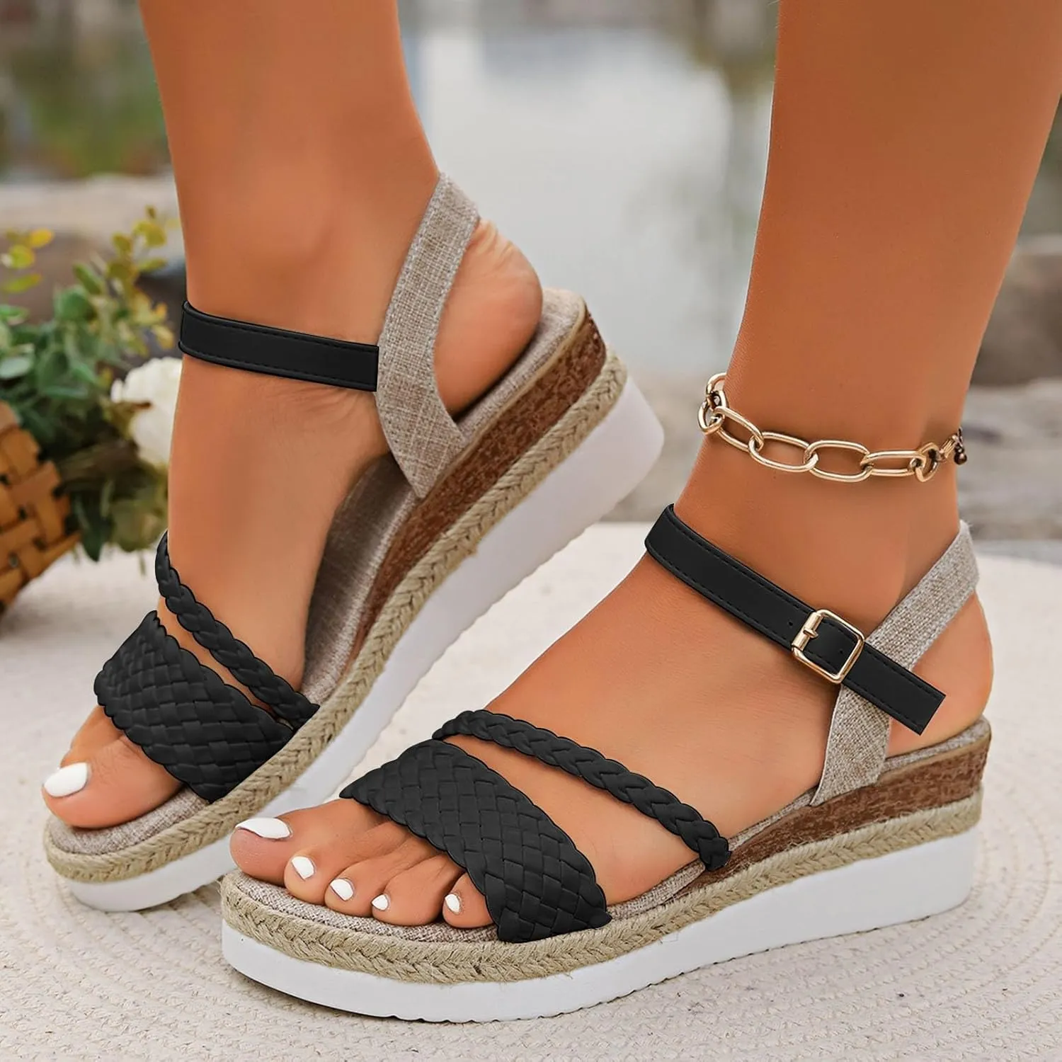 ZSpzx Espadrilles Wedge Sandals for Women Orthopedic Open Toe Slingback Backless Adjustable Ankle Strap Platform Sandal Strappy Arch Support Shoes Ladies Cushion Footbed Low Wedges Heel Shoe